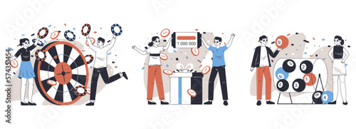 Gambling lucky players. Casino money prize winning, bingo and poker card game happy winners, people playing casino game flat vector illustration set