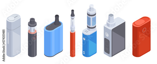 Isometric e-cigarette and vape pen. Digital electronic cigarette, vape smoke accessories 3d vector illustration set. Vape pan and box collection