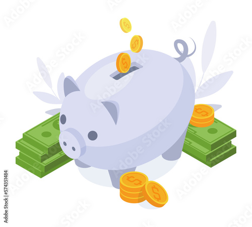 Isometric money saving. Collecting dollar banknotes and gold coins to piggy bank, economy and savings 3d illustration