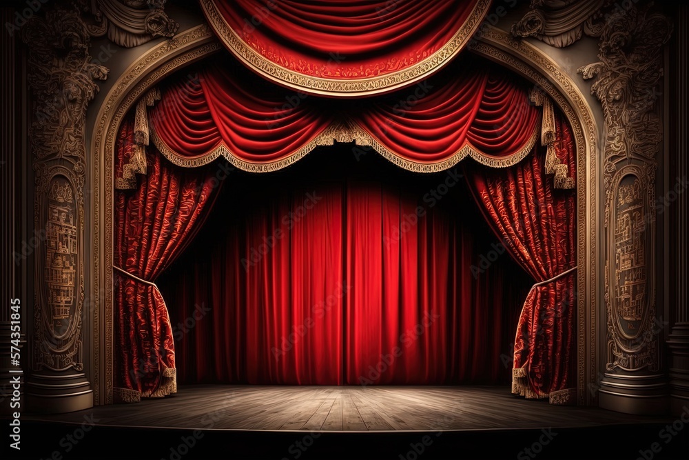 Red Curtains on Magic Theater Stage Spotlight Show - Generative AI - obrazy, fototapety, plakaty 