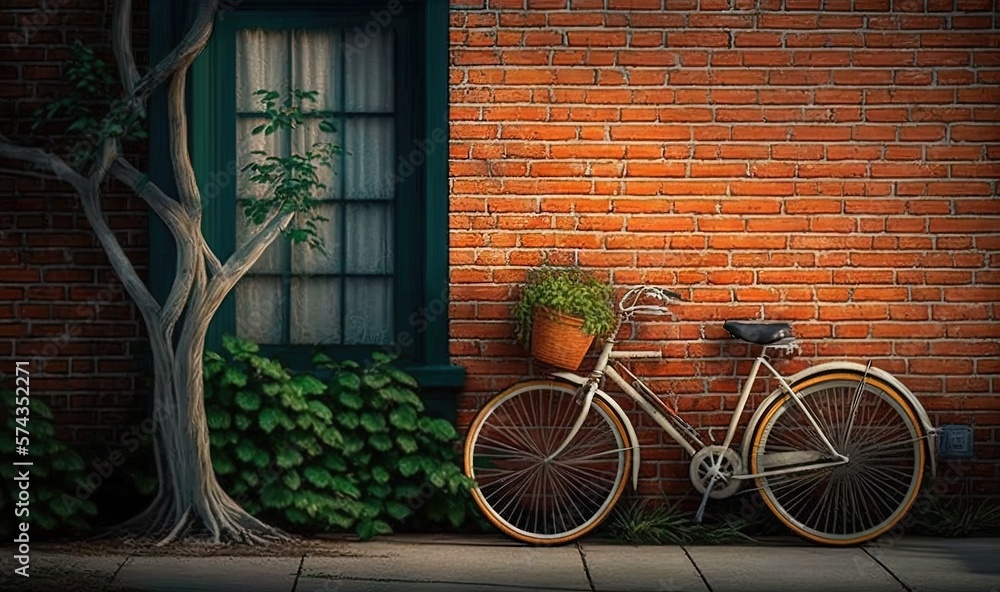 a bicycle parked next to a brick building with a tree.  generative ai