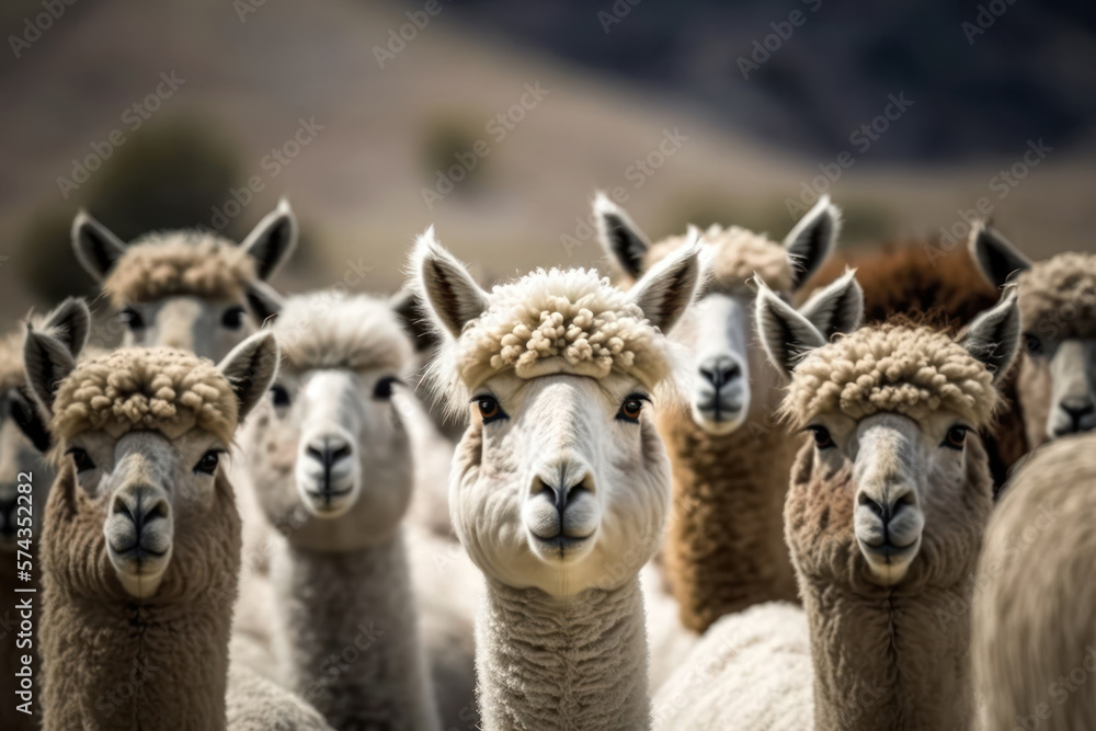 A herd of white alpacas looks into the camera on the background of the Andes. Close-up. Photorealistic illustration generated by AI.