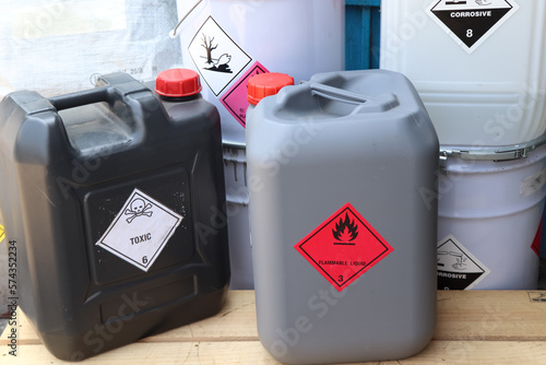 Corrosive chemical symbols on a black chemical tank