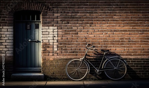  a bike leaning against a brick wall on a street corner.  generative ai