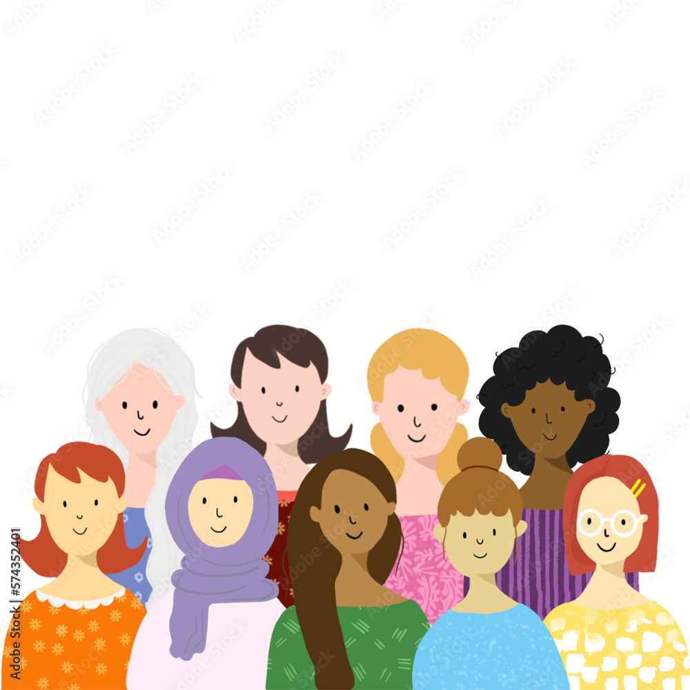 Mujeres fondo blanco, mujeres de diferentes etnias, unidas