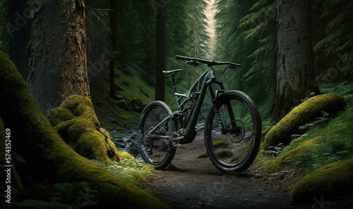  a bike parked in the middle of a forest with moss growing on the ground. generative ai
