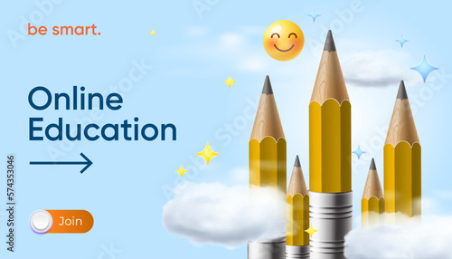 Online Education web banner with pencils and clouds, blue background