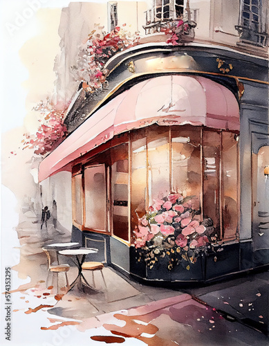 Fototapeta Old little shop in Paris, street watercolor, painting, bistro cafe, bakery boula