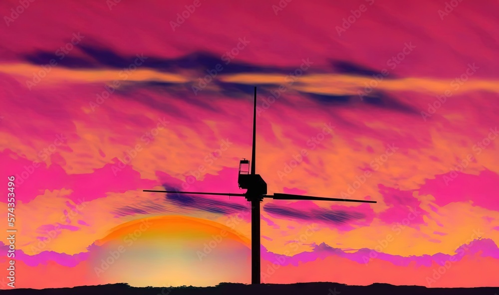Obraz premium a wind turbine in the middle of a sunset with clouds in the background. generative ai