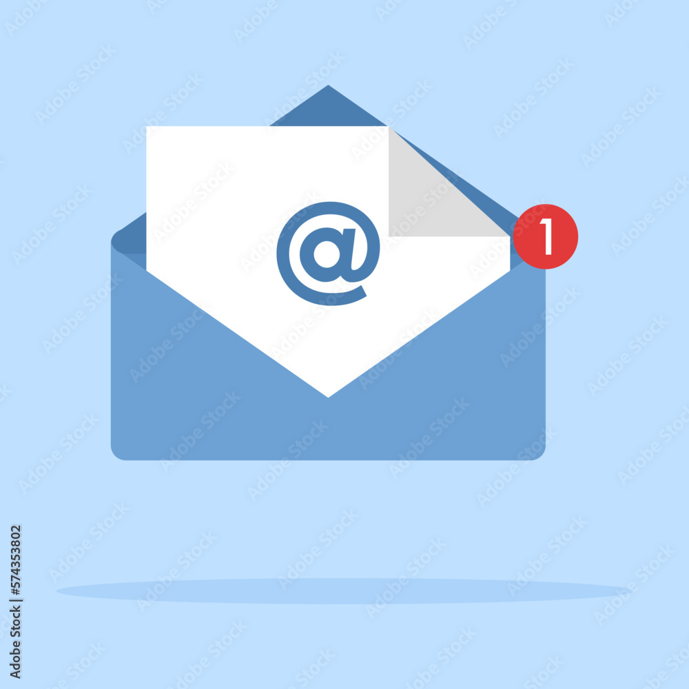 Inbox icon concept, Open Envelope with Letter Inside, Blue Folded Envelope Icon, Mail icon with shadow on blue background, simple design style. Inbox icon concept, Open Envelope with Letter Inside, Blue Folded Envelope Icon, Mail icon with shadow on blue background, simple design style.