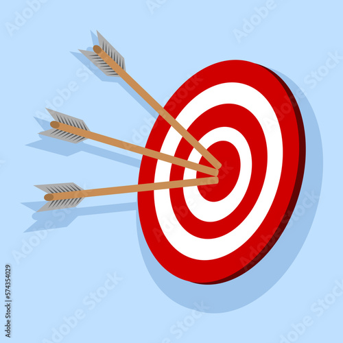 target achieved concept, Strategy or Business Vision, big target with arrow hitting the right target, teamwork. Motivation up, target achievement, successful contract team work. Flat vector design.