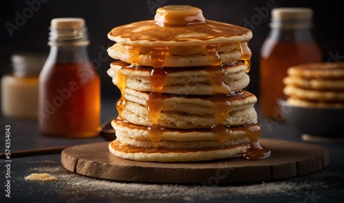 Wallpaper Mural  a stack of pancakes with syrup and honey on a cutting board.  generative ai Torontodigital.ca