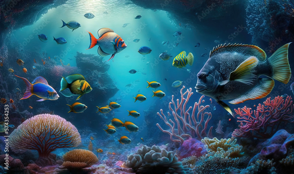 Naklejka premium a painting of a sea life scene with fish and corals. generative ai