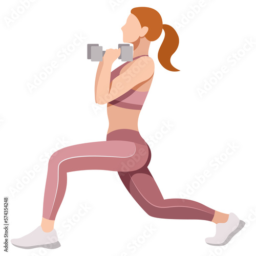 vector image of a girl in a sports uniform (leggings and a sports bra) is engaged in fitness, sports, training. girl squats, does lunges, trains her legs and buttocks. isolated on a white background.