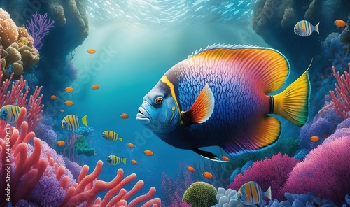  a painting of a colorful fish in the ocean with corals.  generative ai