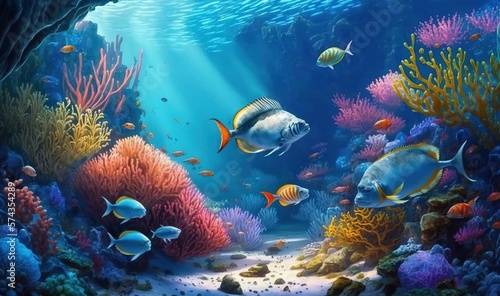  a painting of a coral reef with fish and corals. generative ai