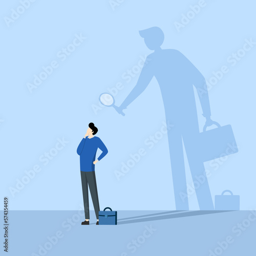 Self-assessment concept or self-analysis process to know oneself, find plan or goals in life or work and career concept, businessman with shadow using magnifying glass to analyze himself.