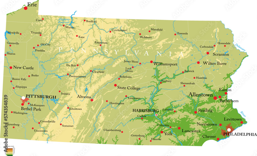 Obraz premium Pennsylvania highly detailed physical map
