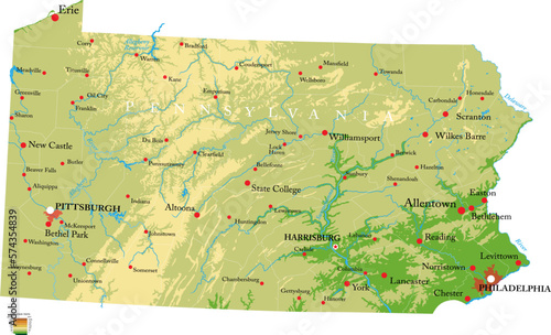 Pennsylvania highly detailed physical map