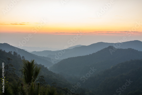Fototapeta Naklejka Na Ścianę i Meble -  sunrise of mountain view at Kew-Hin, Ban Chae Son,  Chae Son National Park in Lampang Thailand