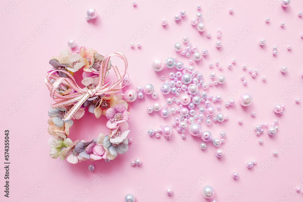International Women's Day. Banner, flyer, beautiful postcard for March 8. Flowers in the shape of the number eight on a pink background. International Women's Day. Banner, flyer, beautiful postcard for March 8. Flowers in the shape of the number eight on a pink background.