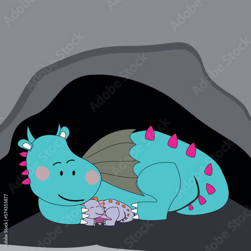 Dragon and Baby Dragon  Sleeping inside a Cave