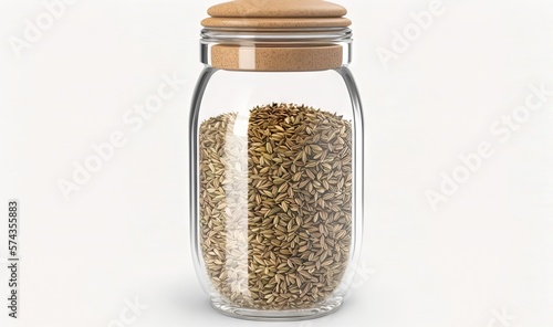  a glass jar filled with seeds and a wooden lid on a white background.  generative ai