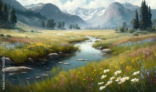  a painting of a mountain meadow with flowers and a stream.  generative ai © Anna