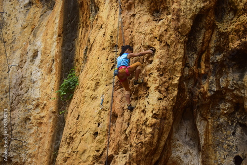 Rock climbing at Goa Pawon cliff in Bandung  West Java  Indonesia