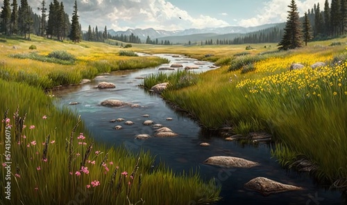  a painting of a stream running through a meadow with wildflowers.  generative ai