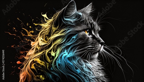 Celestial Cat with its Radiant Fur and Shape by Rays of Light of Multiple Colors Generated by AI