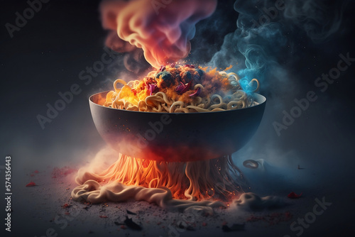 The Ultimate Juicy and Smoky Burning Noodles with a fire and flames Background, Generative ai
