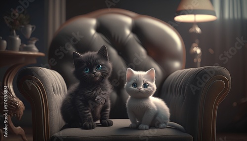 Black and White Cat Friends Sitting Side by Side in an Armchair in a Mansion Generated by AI