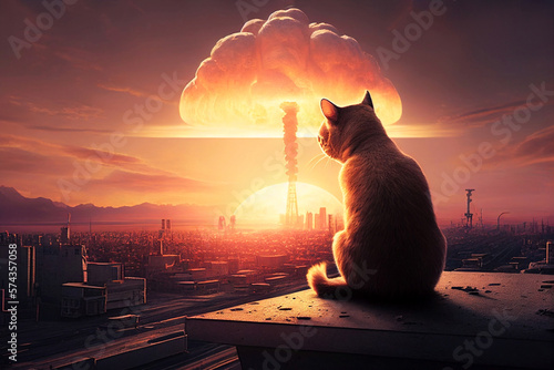 Cat sits on the roof of a building and looks out over a city with a nuclear explosion. Generative AI