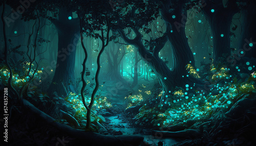 night in the woods an imaginary dense forest lit by fireflies