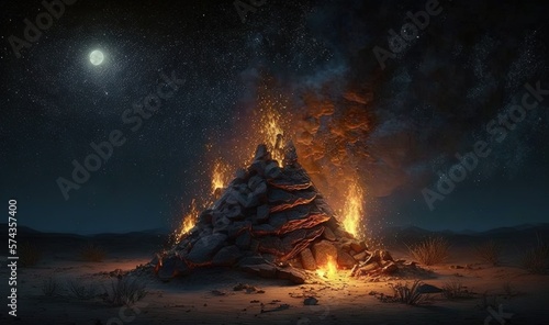  a bonfire in the middle of a desert with a full moon in the background.  generative ai