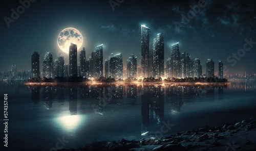 a night scene of a city with a full moon in the sky.  generative ai