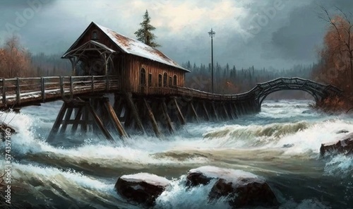  a painting of a wooden bridge over a rushing river with a house on top of it. generative ai