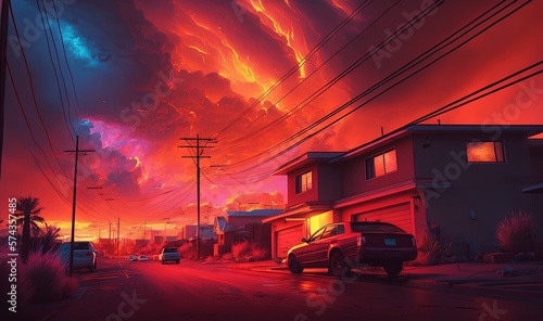  a painting of a sunset over a street with cars parked on the side of the road.  generative ai