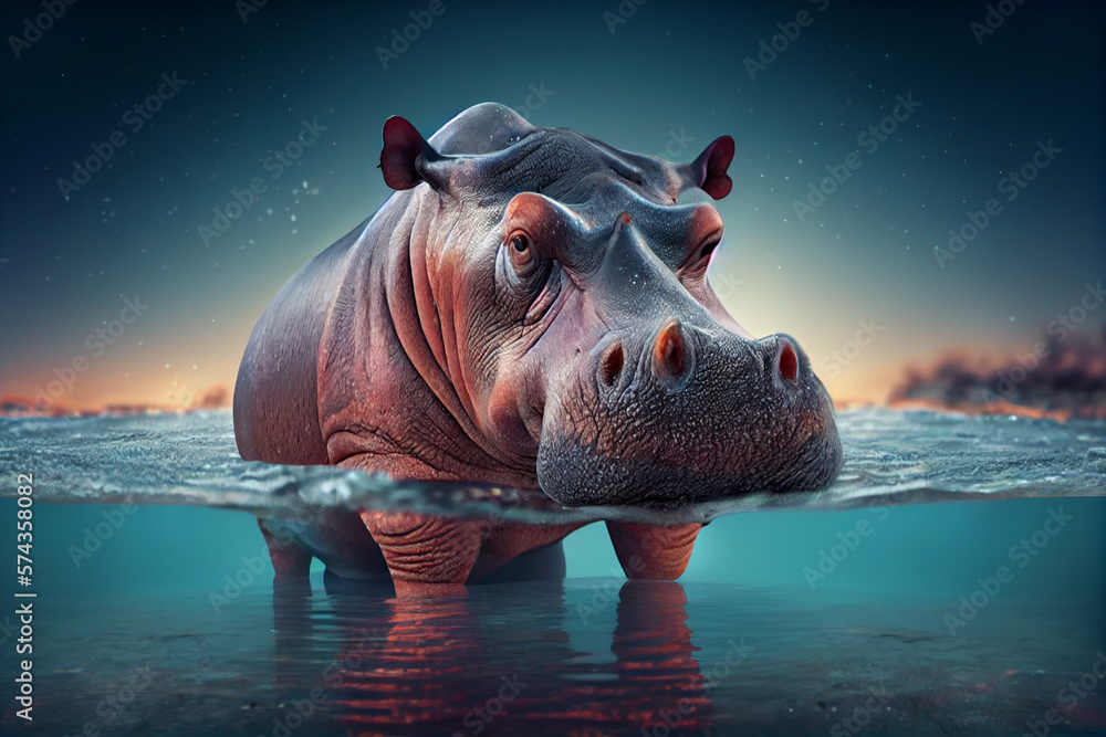 Beautiful photo hippopotamus, natural background. Generative AI technology. - obrazy, fototapety, plakaty 