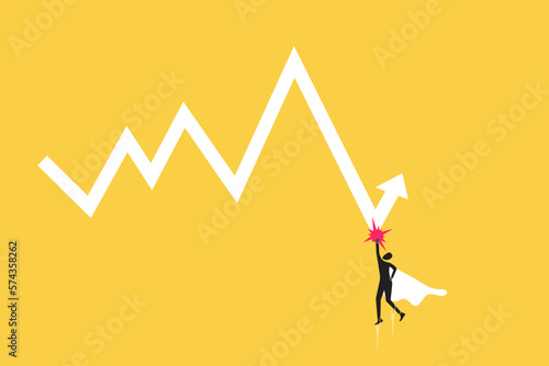 Super Businessman punch drop down graph. concept of Profit increase and Protect market. Bull and bear traders on stock exchange