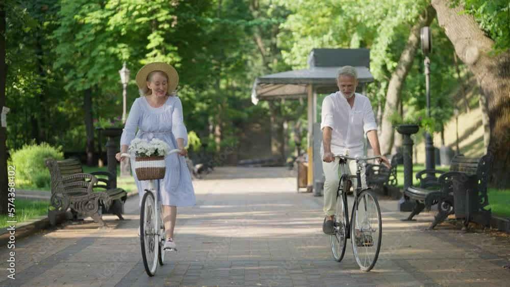 custom made wallpaper toronto digitalHappy couple in their 60s riding bicycles in park, bonding relationship, love