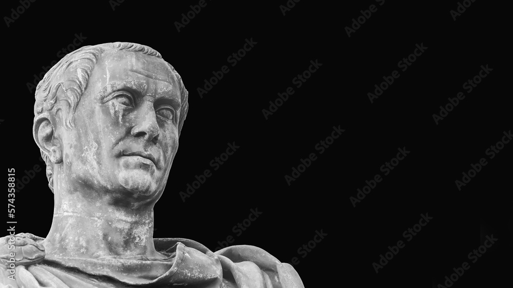 Julius Caesar, the most famous general and leader of Ancient Rome. An old bronze statue replica along Imperial Fora Rome in Rome (Black and White with copy space) Julius Caesar, the most famous general and leader of Ancient Rome. An old bronze statue replica along Imperial Fora Rome in Rome (Black and White with copy space)