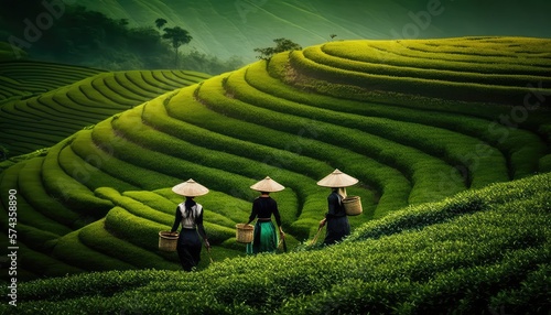 Women in asia pick tea on green plantation terraces, landscape background. Generative AI