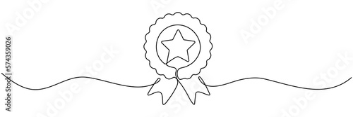 Award star badge continuous line art drawing. Vector illustration isolated on white.