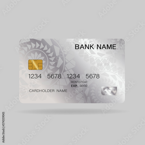 Credit card. With silver elements design. And inspiration from abstract. On white background. Glossy plastic style.