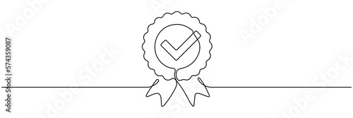 Award badge continuous one line art drawing. Approval check ribbon contour line sign. Vector illustration isolated on white.
