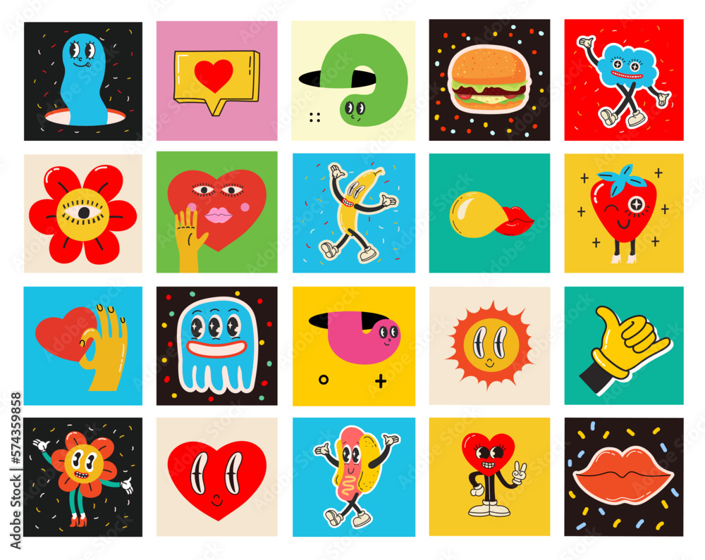 70's groovy square posters, cards or stickers. Retro print with hippie cute colorful funky character concepts of crazy geometric, dripping emoticon. Only good vibes sentence 70's groovy square posters, cards or stickers. Retro print with hippie cute colorful funky character concepts of crazy geometric, dripping emoticon. Only good vibes sentence