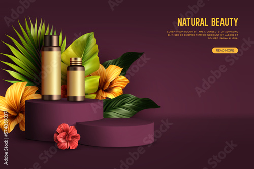 Cosmetic product floral composition. Cosmetic bottles with tropical exotic leaves and flower on dark brown background. Realistic vector illustration.