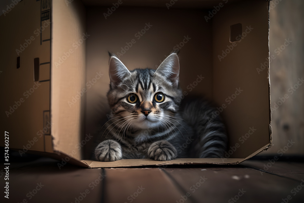 Portrait Cute grey tabby cat in cardboard box on floor at home photography made with Generative AI Portrait Cute grey tabby cat in cardboard box on floor at home photography made with Generative AI